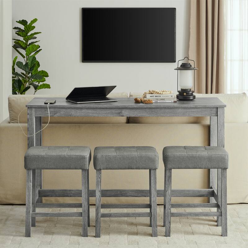4-Piece Grey Bar Table Set Sofa Side Table Set with Charging Station, Coffee Table Set with Upholstered Seat