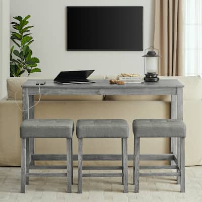Bar Table, Dining Table, Sofa Table with Power Outlet, 3 Upholstered Stools, 4 Piece Bar Table and Chair Set
