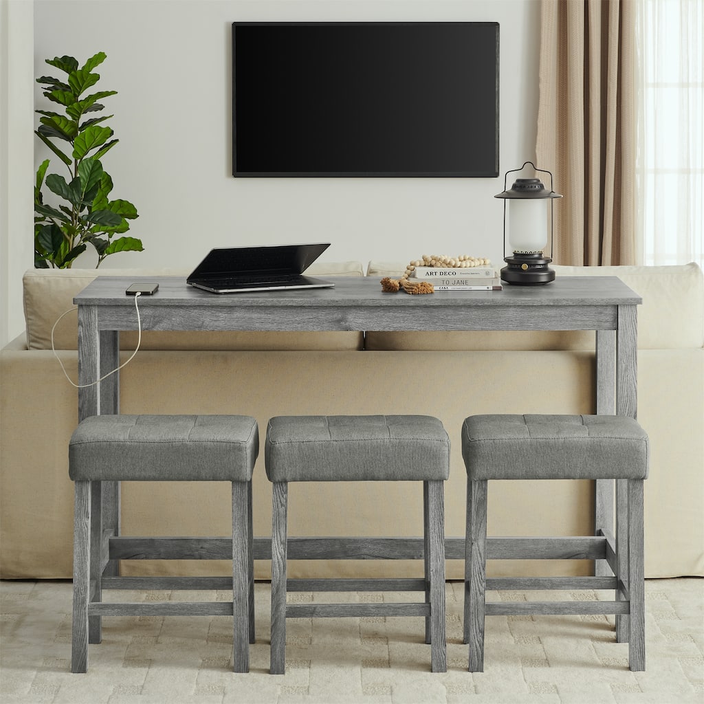 Bar Table, Dining Table, Sofa Table with Power Outlet, 3 Upholstered Stools, 4 Piece Bar Table and Chair Set