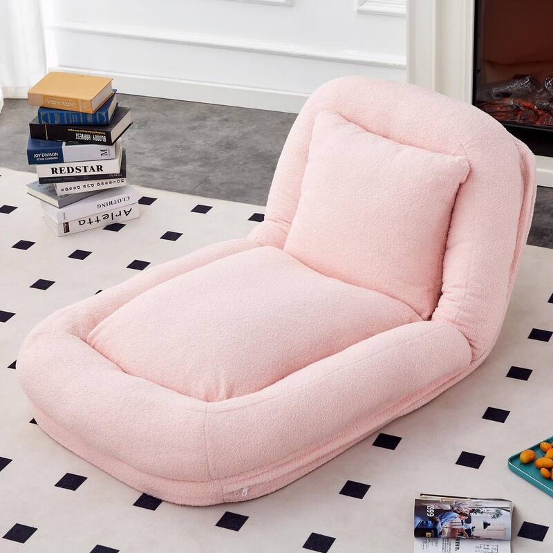 Folding Sofa Chair with 5 Adjustable Positions, Plush Floor Lounge Chair - Pink-Teddy