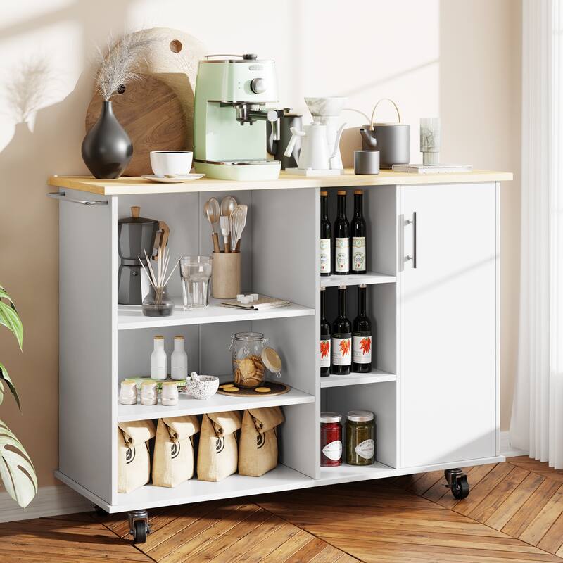 Futzca 47”W Kitchen Storage Island Cart with 6 Open Shelves and 1 Cabinet - White