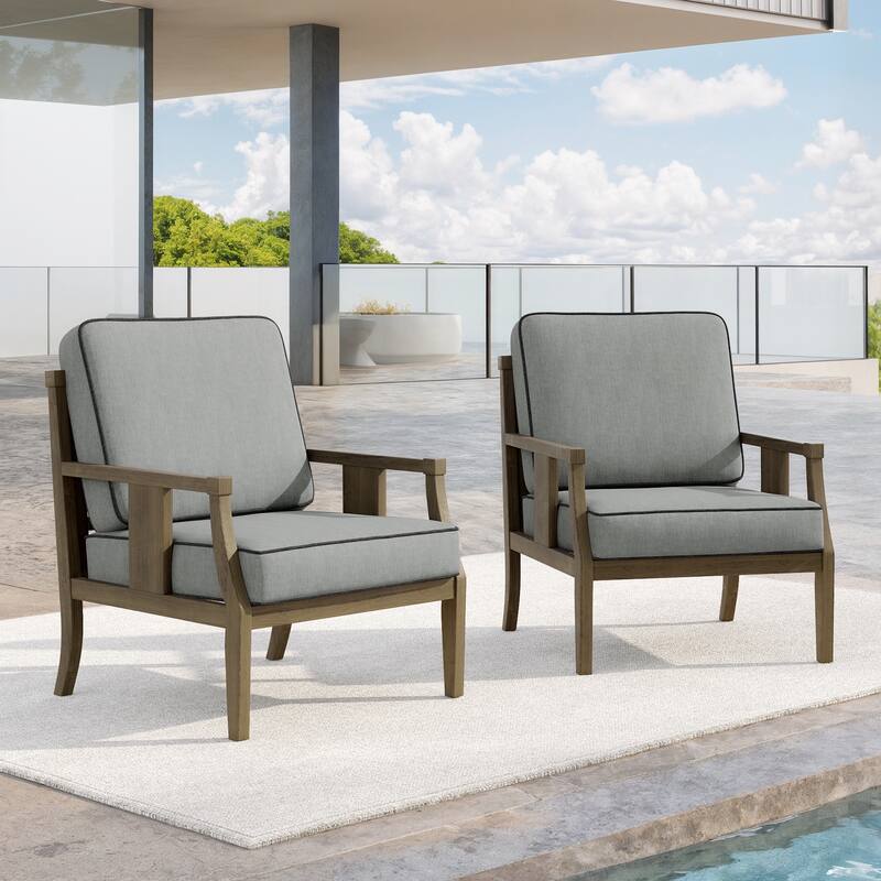 Set of 2 Outdoor Teak Wood Armchairs with Cushions, Patio Club Chairs - Natural Wood - Grey