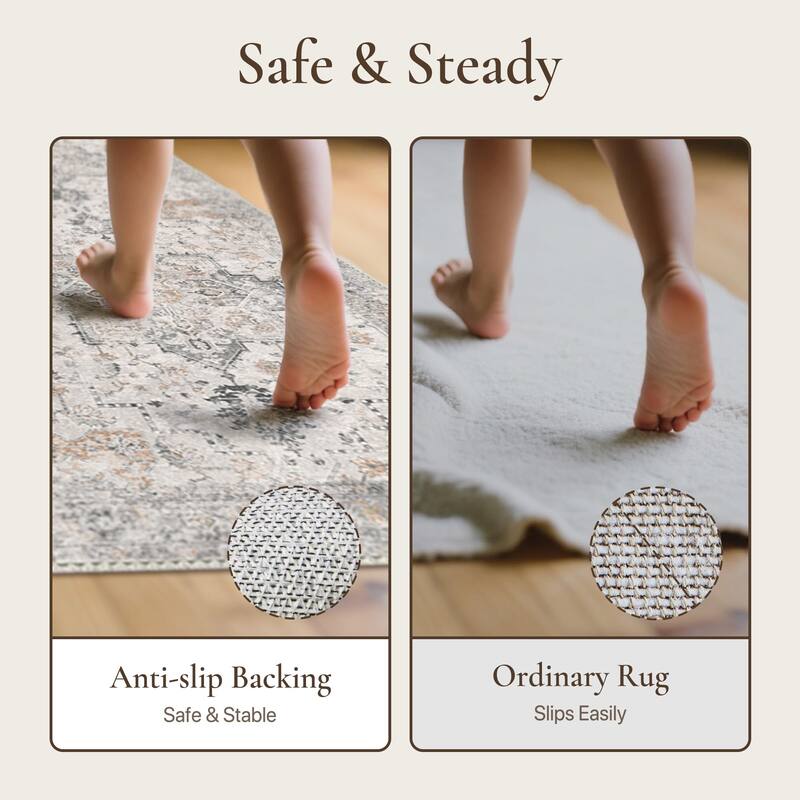 Mcow Vintage Light Taupe Brown Floral Low Pile Machine Washable Runner Rug