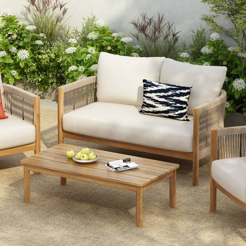Christopher Knight Home - Rowan 2-Piece Outdoor Acacia Wood Loveseat Set with Woven Rope Accents & Coffee Table