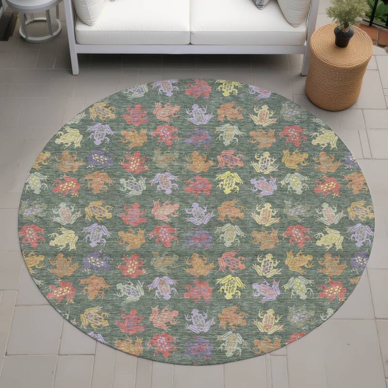 Machine Washable Indoor/ Outdoor Modern Frogs Chantille Rug - Basil - 8' x 8'