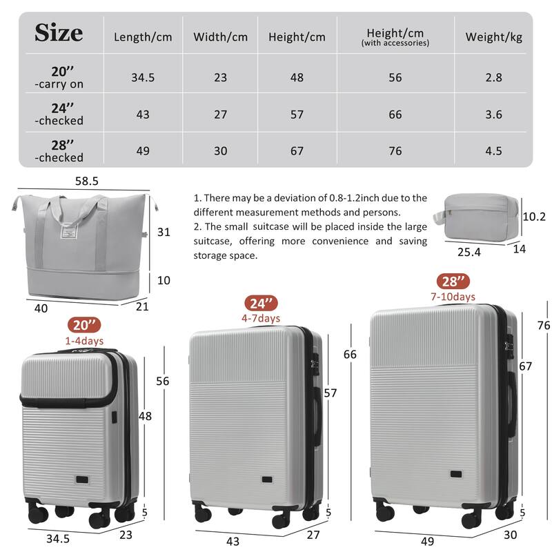 Luggage Sets 5 Piece with Half-opening, Hardside Carry On Suitcase Set with Double Spinner Wheel, with USB Port,TSA Locks