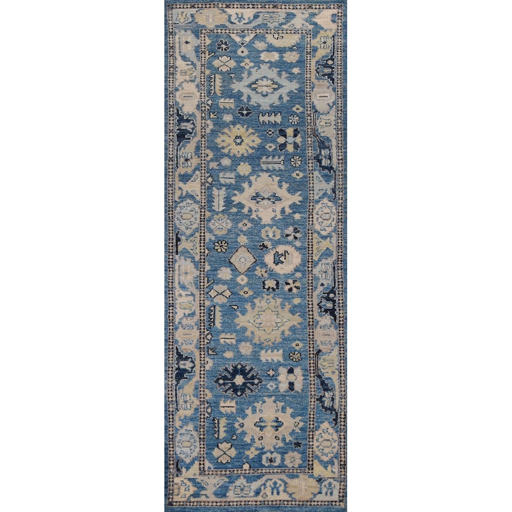 Hand Knotted Oriental 100% Wool Carpet Transitional All-Over Navy Blue & Blues Oushak Runner Rug - 9' 8'' X 2' 7''