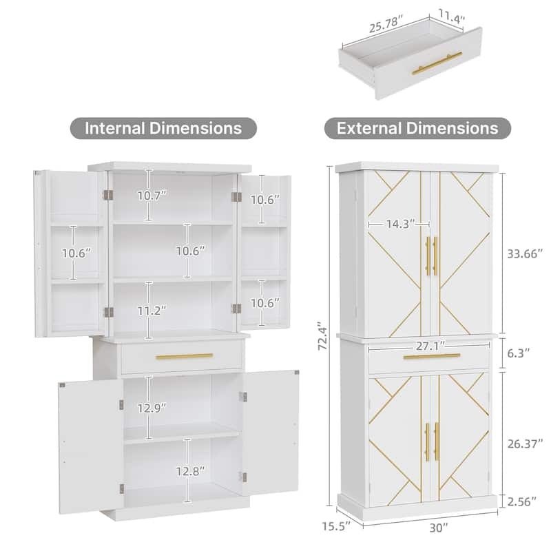 Moasis 72" Tall Kitchen Pantry Storage Cabinet with 4 Door and Drawers