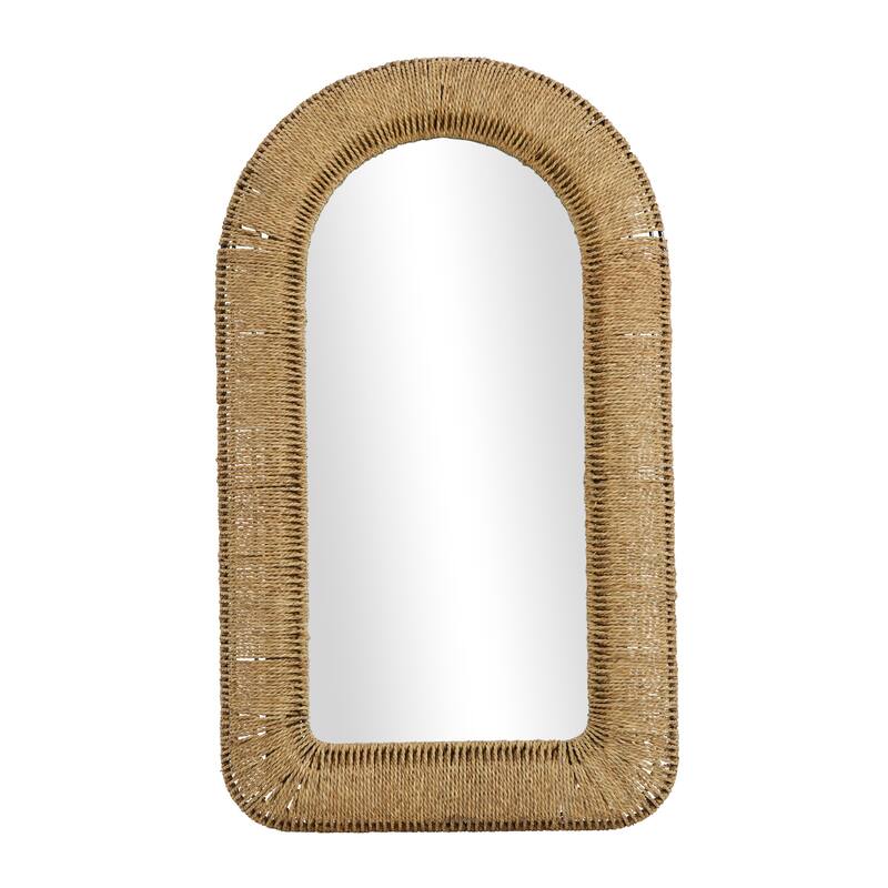 Brown Rattan Woven Room Wall Mirror with Arched Top - 27 x 3 x 48