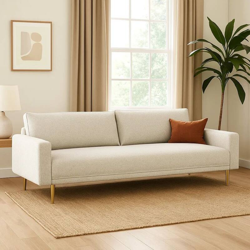 Remy Sofa, Off White Boucle, Bench Style Seat with Track Arms, 83 Inch