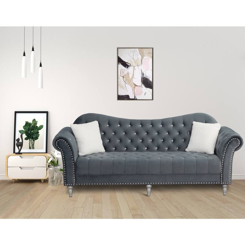 Velvet Rolled Arm Chesterfield Sofa - Grey