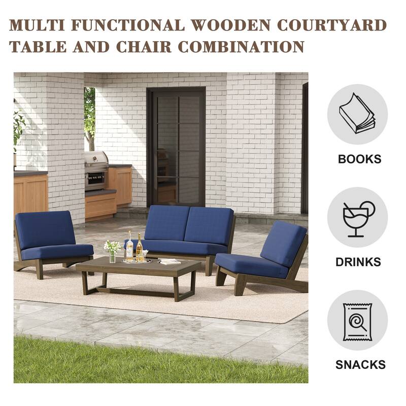 4 Set Outdoor Patio Teak Wood Club Chairs Loveseat with Cushion