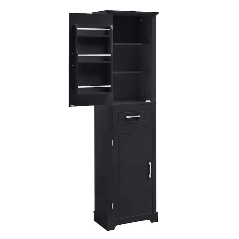 Roomfitters 63" Tall Bathroom Storage Cabinet, Freestanding Linen Tower with Door-Mounted Shelves and Drawer, Black