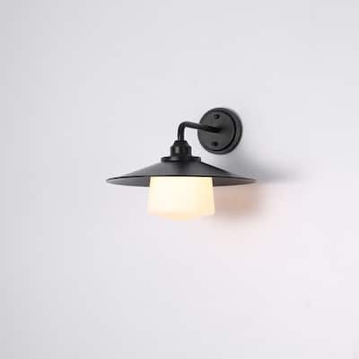 14" Vintage Matte Black Outdoor Hardwired Waterproof Wall Sconce with Opal Glass Shade for Porch, Patio