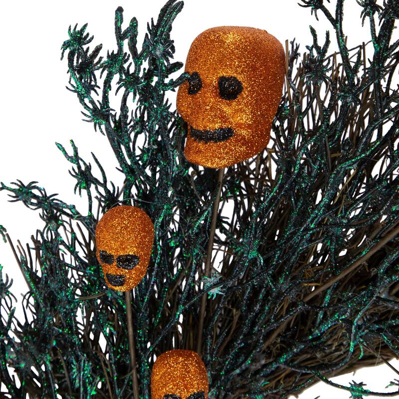 Black & Orange Skulls & Spiders Halloween Twig Wreath, 22-Inch