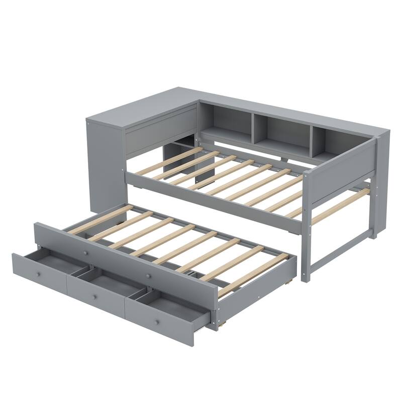 Roomfitters Twin/Full Size Wood Daybed with Trundle, Storage Drawers, Side Shelves & Built-in Desk, No Box Spring Needed