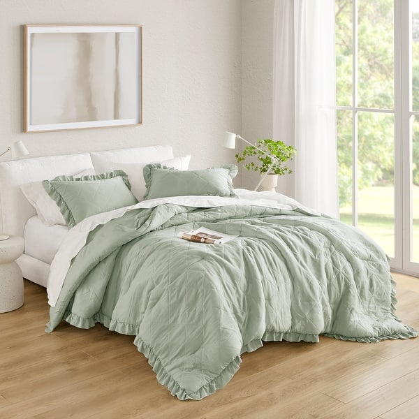 Chelsea Square Himari Diamond Quilted Ruffle Edge Comforter Set - Sage - Queen