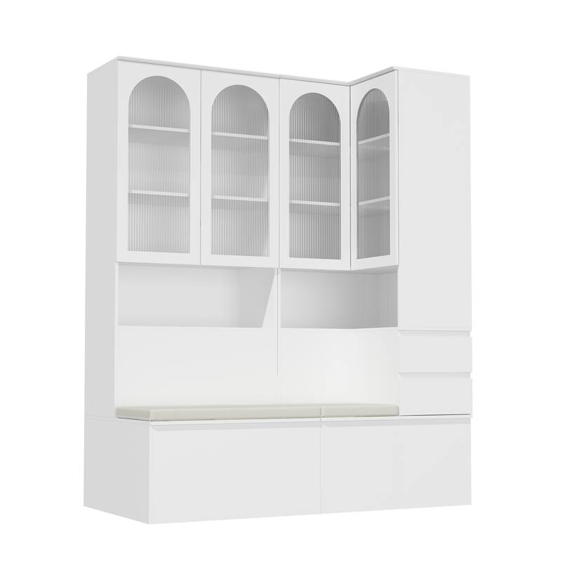 Entryway Cabinet Tempered Glass DoorsStorage Bench with Cushion, Modern Mudroom Hall Tree Organizer with Hidden Storage