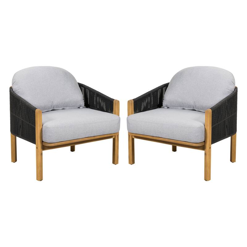 Roomfitters Grotta Outdoor Acacia Wood Club Chair with Rope Woven Back, Teak Finish and Grey - Set of 2