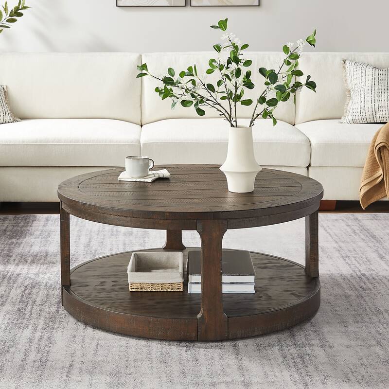 40" Large Curved 2 Tier Traditional Round Circle Wooden Center Coffee Table with Wheels - Dark Brown