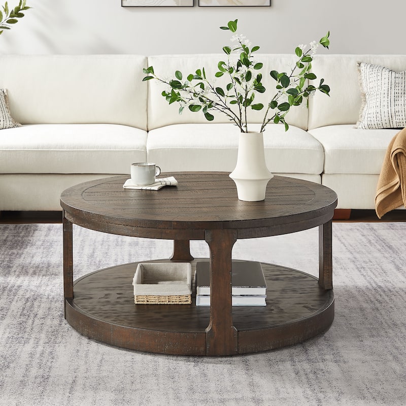 Traditional Coffee Table 2 Tier Round Wooden Center Table with Wheels