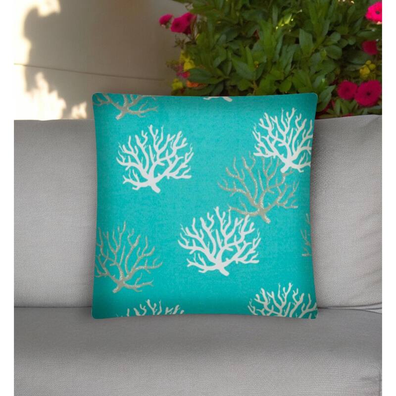 17" Aqua Gray and White Coral Indoor Outdoor Throw Pillow Cover - 17"x17" - Aqua Gray and White - 17"x17"