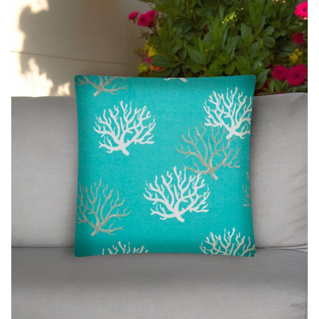 17" Aqua Gray and White Coral Indoor Outdoor Throw Pillow Cover - 17"x17"