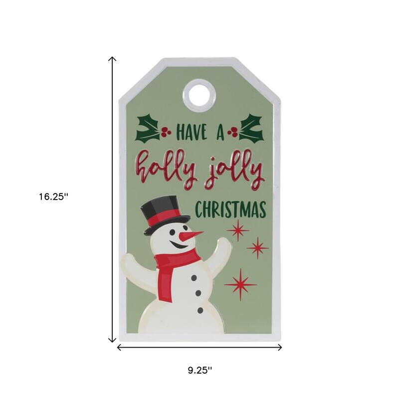 HomeRoots 16" X 9" Green And White Metal Christmas Snowman Hanging Wall Decor