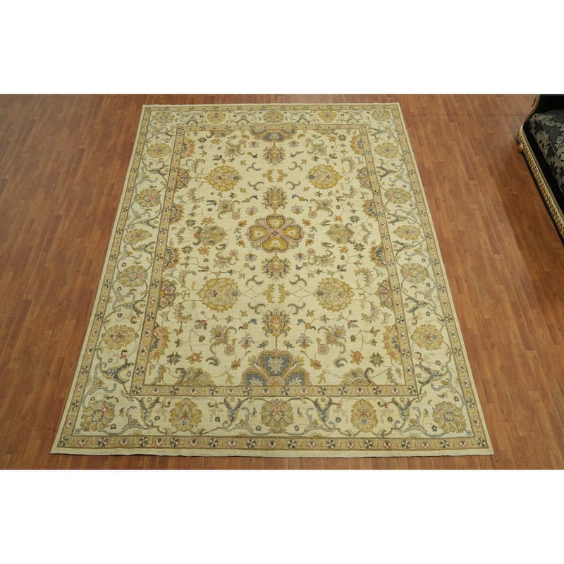 Handmade Floral Oushak Vegetable Dye Large Rug, Floral Geometric Carpet - 13' 8'' X 10' 1''