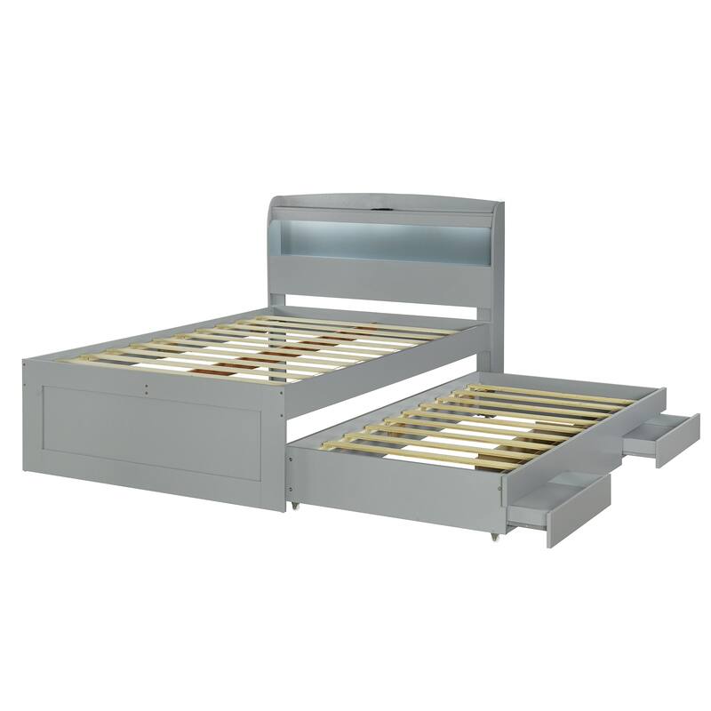 Full XL Size Platform Bed with Storage LED Headboard, Charging Station, Twin Size Trundle, and 2 Drawers