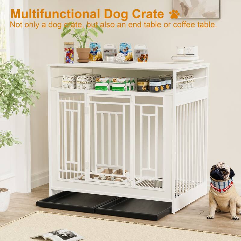 43.3" Dog Crate Furniture for Large Dogs, Wooden Dog Crate with Divider, 2 Door Dog Kennel with 3 Drawers Storage