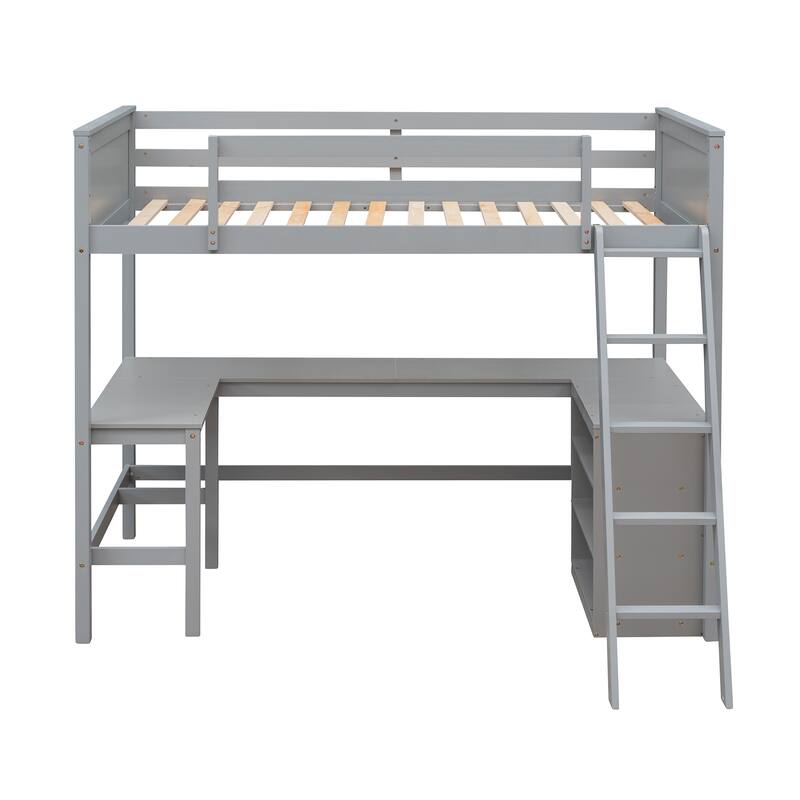 Space-Saving Twin Loft Bed with Built-in Desk and Shelves, Solid Pine Wood Frame