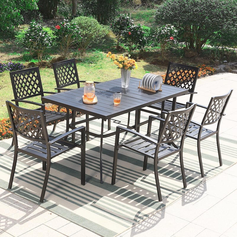 MAISON ARTS Black Metal Rectangle 7-piece Patio Dining Set with Umbrella Hole