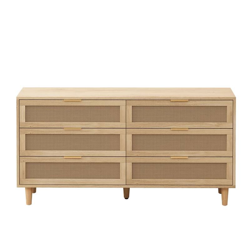59" Rattan Storage Cabinet with 6 Drawers and Wood Legs
