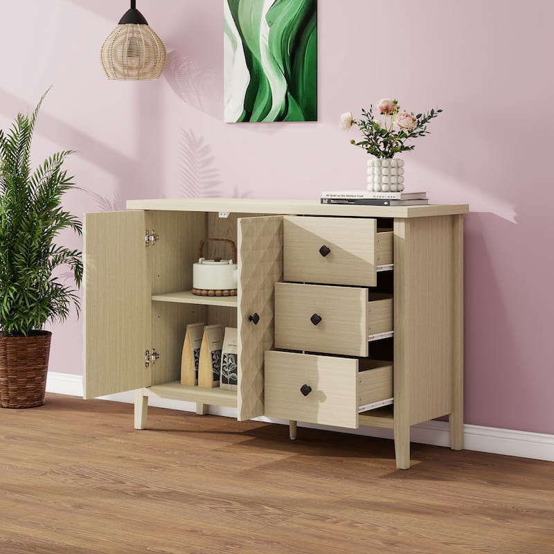 Roomfitters Modern Buffet Cabinet with 2 Embossed Doors and 3 Drawers, Accent Sideboard Storage Cabinet, Natural - Natural