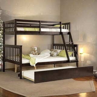 Espresso Twin over Full Wood Bunk Bed Convertible Beds with Twin Size Pull-Out Trundle