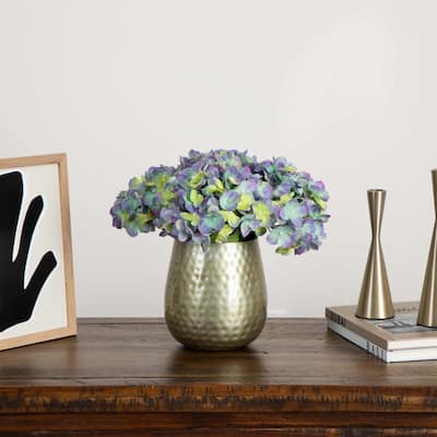 Hydrangea Artificial Floral Arrangement with Punched Vase - 11" - Blue and Yellow