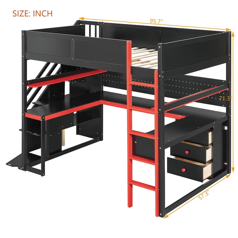 Gaming Loft Bed with Storage Stairs & Desk, Video Game Bed Wood Loft Bed Frame with Pegboard for Teens