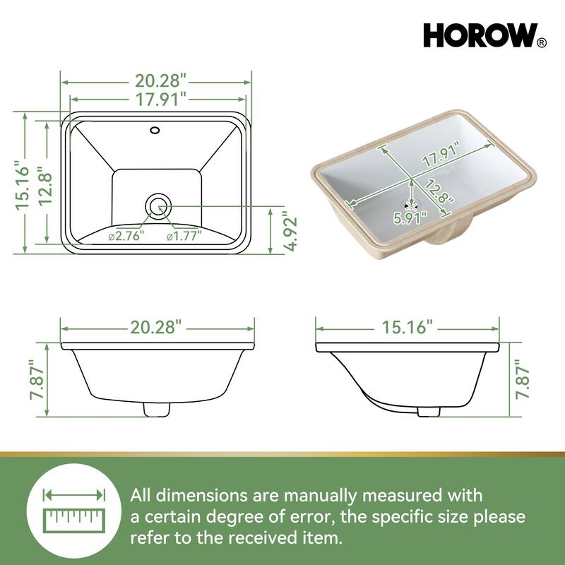 HOROW 20.28 in. Rectangular Undermount Bathroom Sink in White with Overflow Drain Vitreous China