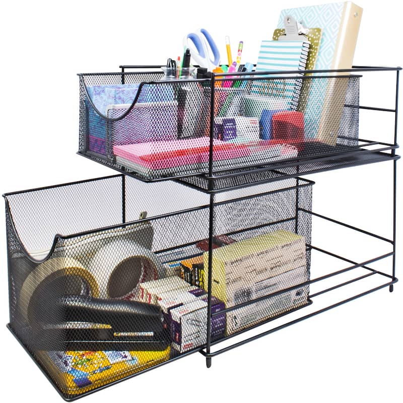 Mesh Steel Cabinet Organizer Set with 2 Pull Out Drawers - Black