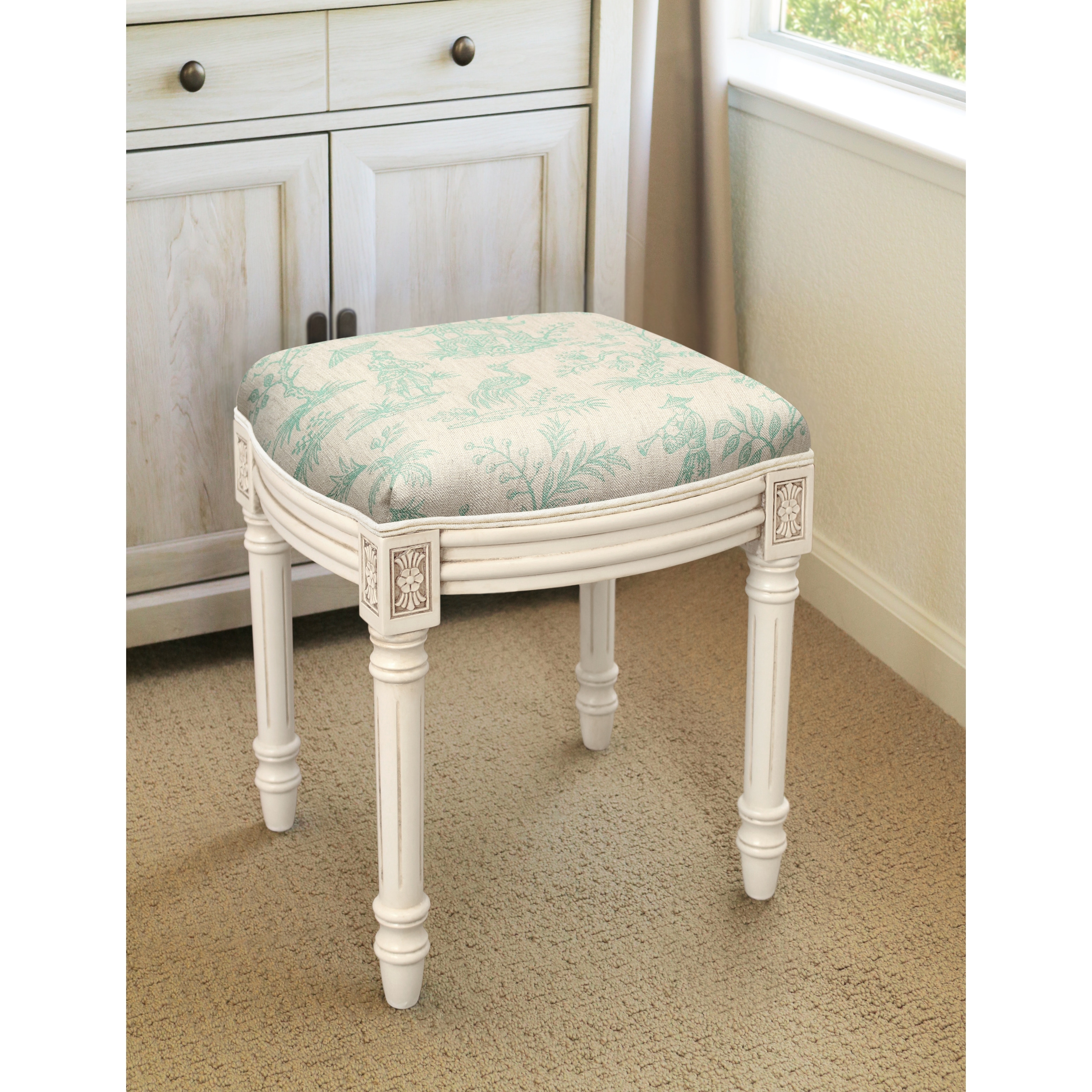 Aqua Chinoiserie Vanity Stool with antique white finish