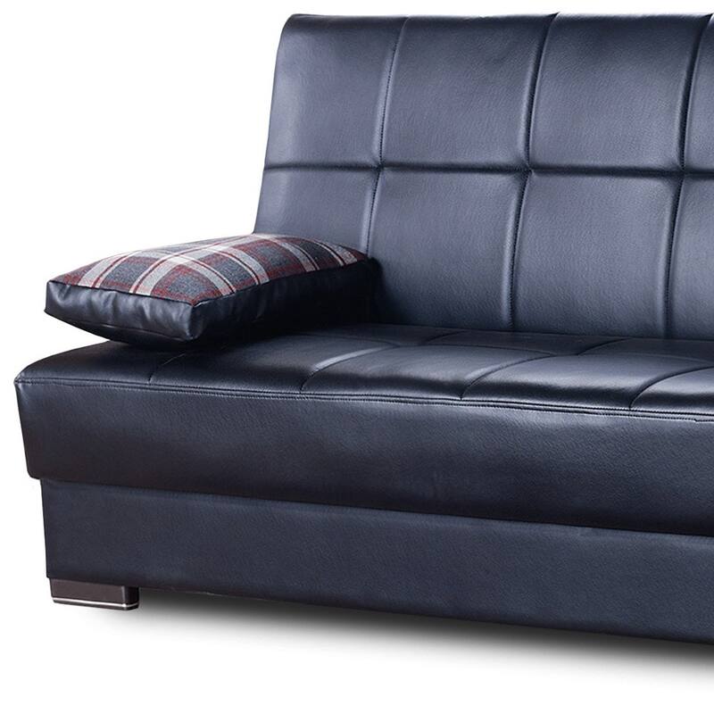 HomeRoots 75" Black Faux Leather Convertible Futon Sleeper Sofa And Toss Pillows With Storage