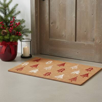 HomeRoots 17" X 29" Brown Red And White Christmas Trees Outdoor Coir Door Mat - 17.00' X '29.00