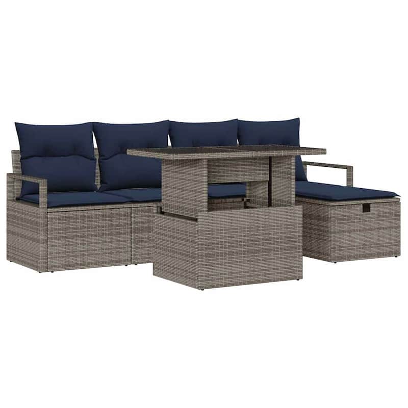 vidaXL 6 Garden Sofa Set with Cushions Black/Brown/Grey Poly Rattan - 90.6 x 46.1 x 27.2