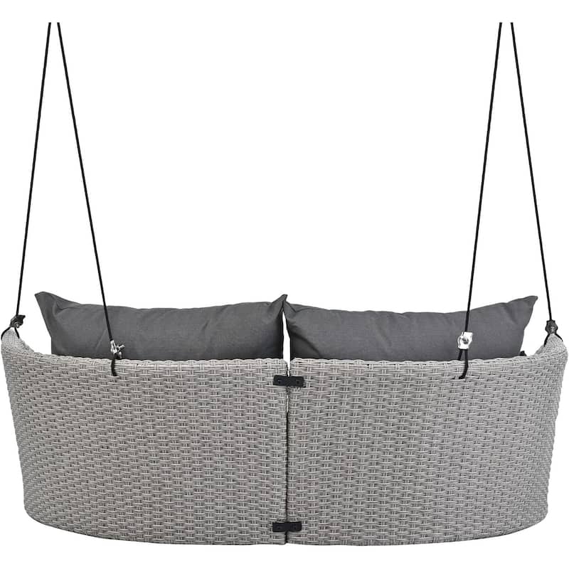 Roomfitters 2-Person Hanging Seat, Rattan Woven Swing Chair, Porch Swing with Ropes, Gray Wicker and Cushion