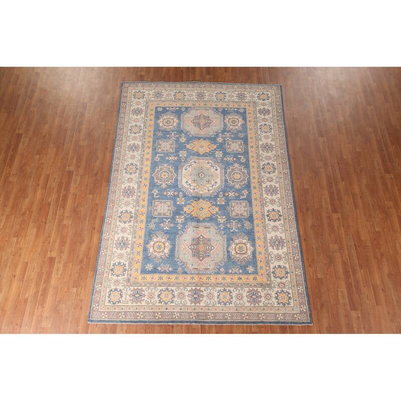 Geometric Blue Kazak Living Room Area Rug Hand-Knotted Wool Carpet - 6'8" x 9'9"