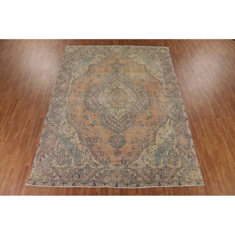 Distressed Tabriz Persian Antique Area Rug Hand-Knotted Wool Carpet - 9'6" x 12'8"