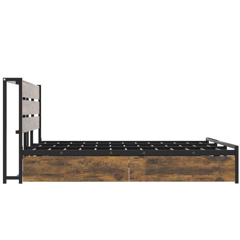 Queen Size Metal Platform Bed with Drawers & Trundle Bed, Wood Bed