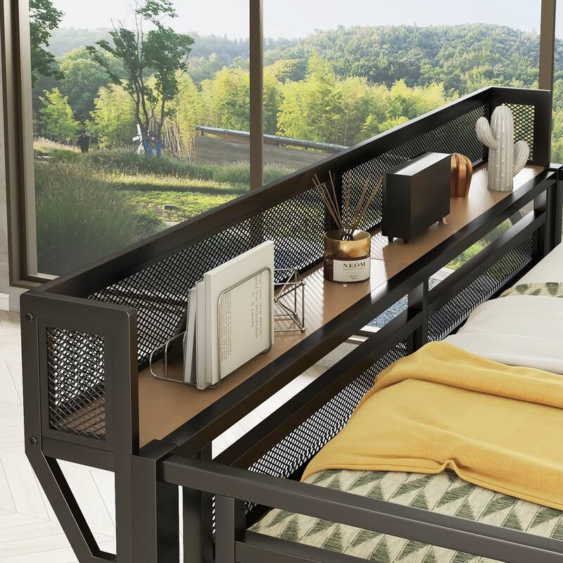 Queen Size Metal Loft Bed with Desk, Stairs, Charging Station, and Storage for Kids and Teens