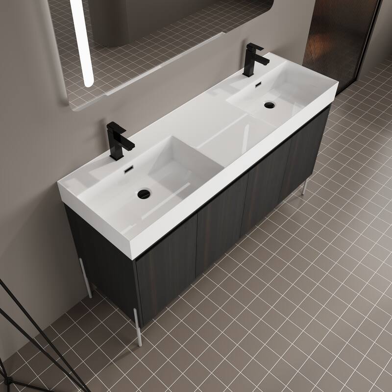 GDFStudio - Sydney Modern Freestanding Bathroom Vanity Cabinet with Double Resin Sink & 4-Soft Closing Doors - 60"